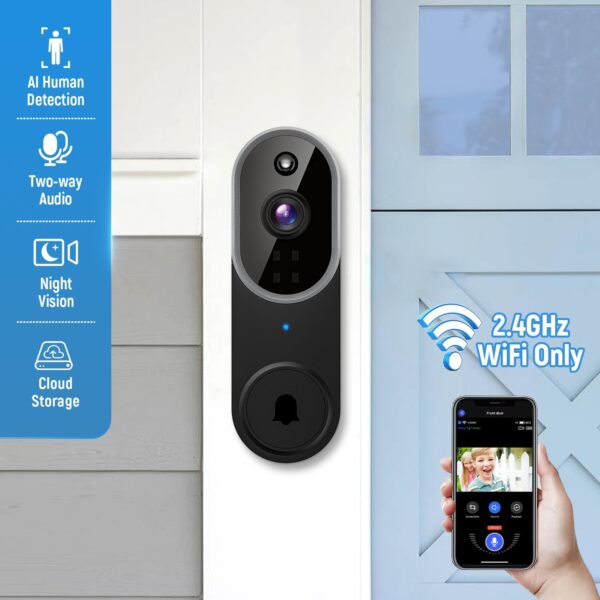 1080P Video Doorbell Camera Wireless, Chime Ringer Included, Live View, AI Human Detection, 2.4G WiFi, Night Vision, Cloud Storage, Battery Powered, Indoor Outdoor Surveillance - Image 2