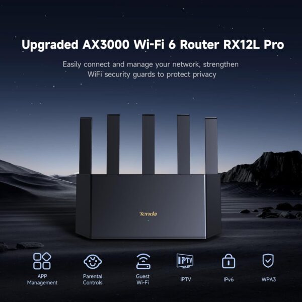 Tenda AX3000 WiFi Router Dual Band Wireless Router with 5 * 6dBi High-Gain Antennas, High Speed WiFi 6 Router with 4 Gigabit Ports, Vertical Design for Dissipation,Support WPA3, VPN(RX12L Pro) - Image 6