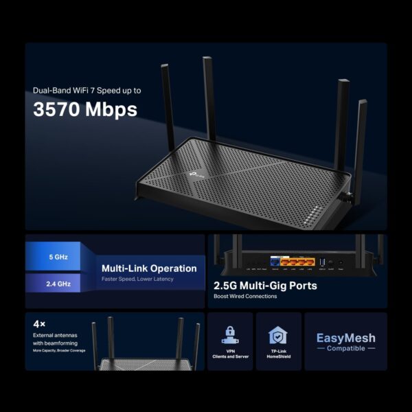 TP-Link Dual-Band BE3600 Wi-Fi 7 Router Archer BE230 | 4-Stream 3.6 Gbps | 2×2.5G + 3×1G Ports, USB 3.0, 2.0 GHz Quad Core, 4 Antennas | VPN Clients & Server | EasyMesh, HomeShield, MLO, Private IOT - Image 6