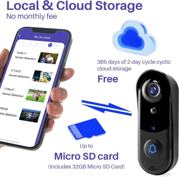 Wireless Video Doorbell Camera with Chime, Smart Home Surveillance Indoor/Outdoor, No Monthly Fee, AI Human Detection, Two Way Audio, Live View, Night Vision, 2.4G WiFi, with 32G SD Card Storage - Image 4