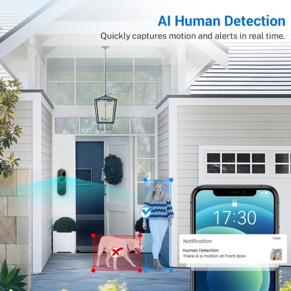 1080P Video Doorbell Camera Wireless, Chime Ringer Included, Live View, AI Human Detection, 2.4G WiFi, Night Vision, Cloud Storage, Battery Powered, Indoor Outdoor Surveillance - Image 3
