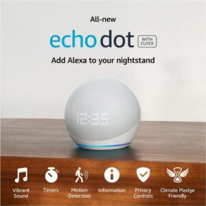 Certified Refurbished Echo Dot (5th Gen, 2022 release) with clock | Smart speaker with clock and Alexa | Glacier White