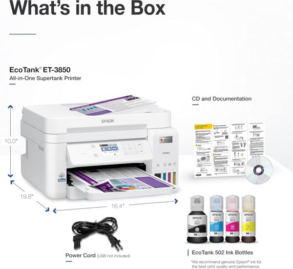 Epson EcoTank ET-3850 Wireless Color All-in-One Cartridge-Free Supertank Printer with Scanner, Copier, ADF and Ethernet – White (Renewed) - Image 4