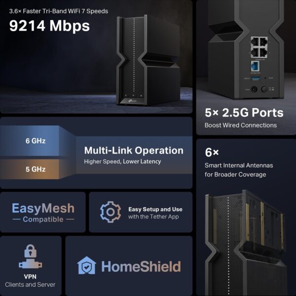 TP-Link Tri-Band BE9300 WiFi 7 Router Archer BE550 , 6-Stream 9.2Gbps , Full 2.5G Ports , 6 Internal Antennas , Covers Up to 2,000 Sq. Ft. , Add Easy-Mesh Device for Extended Coverage , VPN Support - Image 3