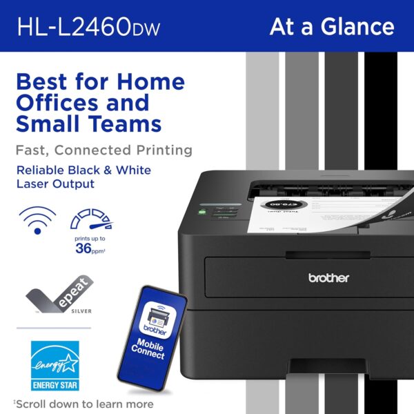 Brother HL-L2460DW Wireless Compact Monochrome Laser Printer with Duplex, Mobile Printing, Black & White Output | Includes Refresh Subscription Trial(1), Amazon Dash Replenishment Ready - Image 2