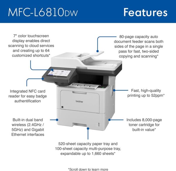 Brother MFC-L6810DW Enterprise Monochrome Laser All-in-One Printer with Low-Cost Printing, Large Paper Capacity, Wireless Networking, Advanced Security Features, and Duplex Print, Scan, and Copy - Image 2