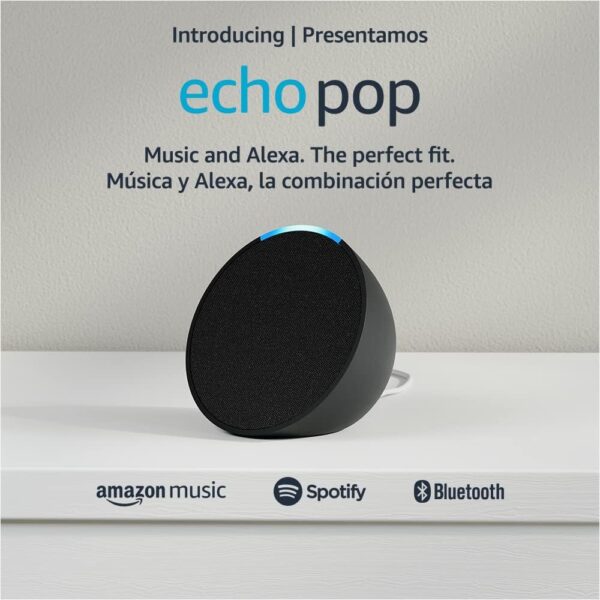 Echo Pop | Full sound compact smart speaker with Alexa | International Version with US Power Adaptor | Charcoal