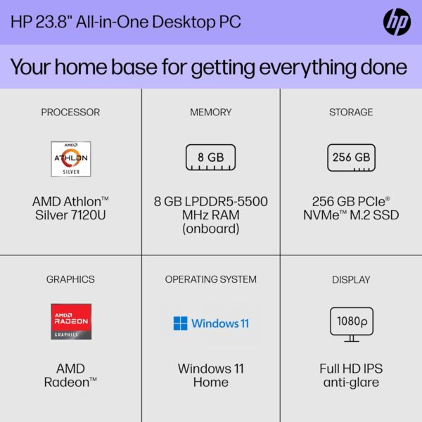 HP 23.8 inch All-in-One Desktop PC, FHD Display, AMD Athlon Silver 7120U, 8 GB RAM, 256 GB SSD, AMD Radeon Graphics, Windows 11 Home, 24-cr0010 (2023) - Image 2
