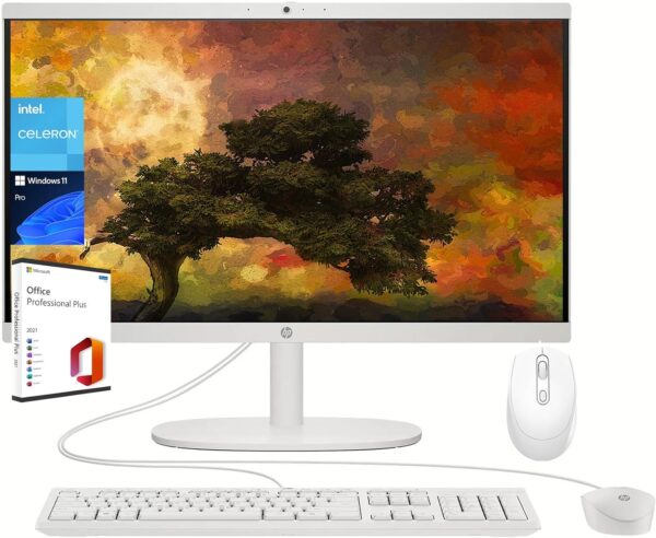 HP All-in-One Desktop Computer - 21.5" FHD Display, Intel Celeron J4025, Webcam, WiFi 6, HDMI, Windows 11 Pro, with Microsoft Office Lifetime License & Wireless Silent Mouse (8 GB RAM | 512 GB SSD)