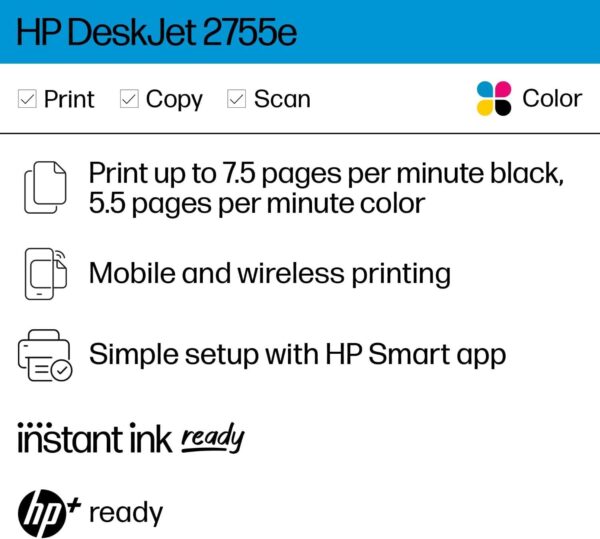 HP DeskJet 2755e Wireless Color inkjet-printer, Print, scan, copy, Easy setup, Mobile printing, Best-for home, 3 months of Instant Ink included,white - Image 2