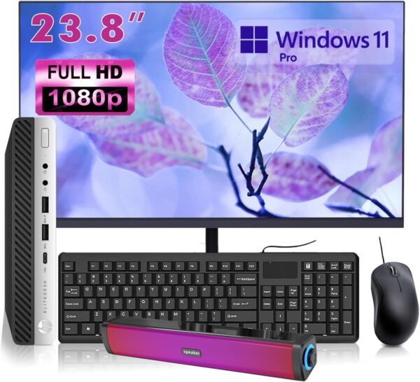 HP EliteDesk 800 G4 Mini Desktop with New 24" FHD Monitor and RGB Speakers PC Set, Core i5-8500T, 16GB RAM, 256GB SSD, Windows 11 Pro (Renewed)