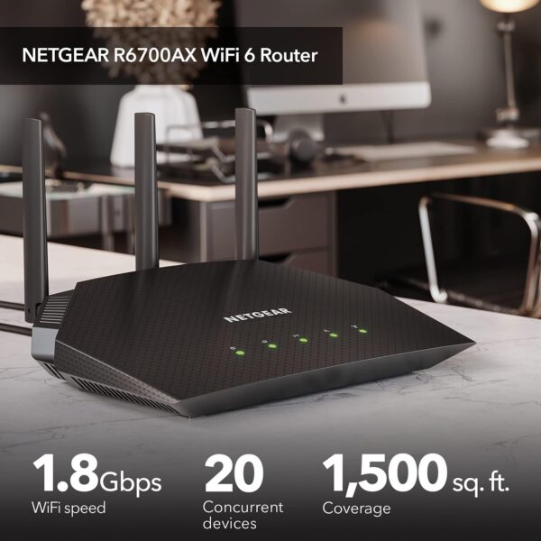 NETGEAR Nighthawk WiFi 6 Router (R6700AX) AX1800 1.8Gbps Wireless Speed – Dual-Band Gigabit Internet Router – Covers 1,500 sq. ft., 20 Devices – Built-in VPN, Gaming, Alexa Enabled - Image 2