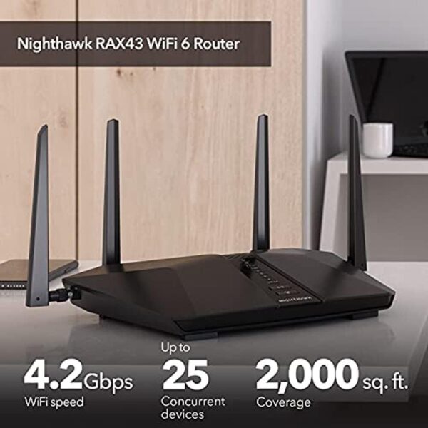 NETGEAR Nighthawk WiFi 6 Router (RAX43) AX4200 4.2Gbps Wireless Speed – Dual-Band Gigabit Internet Router – Covers 2,500 sq. ft., 25 Devices – Built-in VPN, USB 3.0, Gaming - Image 2