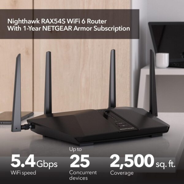NETGEAR Nighthawk WiFi 6 Router (RAX54S) AX5400 5.4Gbps Wireless Speed – Dual-Band Gigabit Router – Covers 2,500 sq. ft., 25 Devices – Built-in VPN, USB 3.0, Gaming, 1–Year Armor Included - Image 2