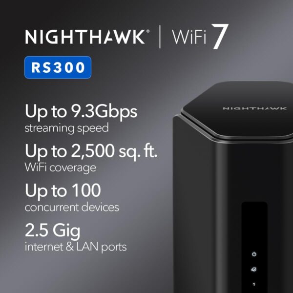NETGEAR Nighthawk WiFi 7 Router (RS300) BE9300 9.3Gbps Wireless Speed – 2.5Gb Internet Port – Tri-Band Gigabit Gaming Router – Covers 2,500 sq. ft., 100 Devices – Built-in VPN, USB 3.0, 6Ghz Band - Image 2