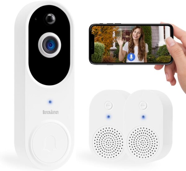Wireless 2.4G WiFi Home Security 1080P Video doorbell Camera, Two-Way Audio, IP65waterproof, Motion Detection and Human Detection, IR Night Vision, Family Sharing, with Two Indoor Chime