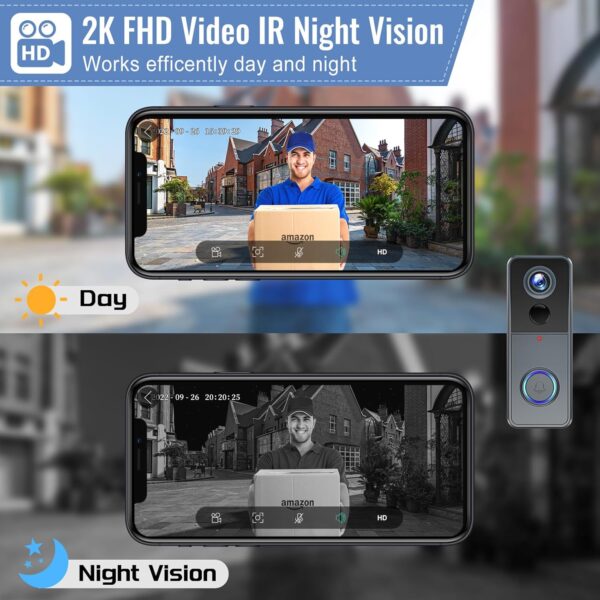 XTU Video Doorbell Camera Wireless, No Monthly Fees, Human Detection with Alerts, 2K Resolution, 166° Wide Angle, 2-Way Audio,2.4G Wi-Fi, Work with Alexa/Google Assistant, Home/Indoor/Outdoor Security - Image 2